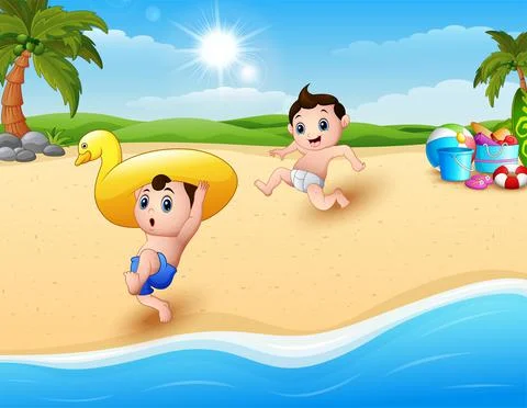 Children playing inflatable duck at the beach Ilustración de archivo