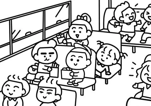Children playing inside school bus coloring pages style. Stock Illustration