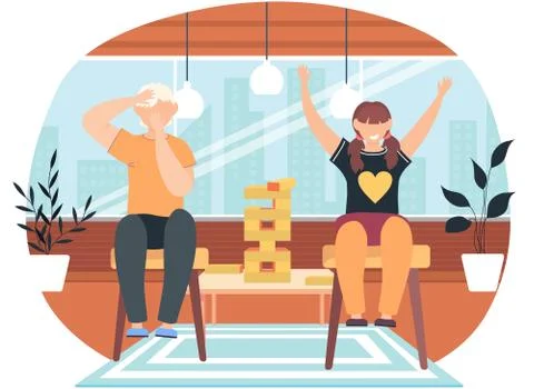 Children playing jenga sitting at a table, friends having good time together Stock Illustration