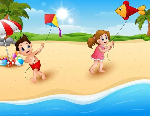 Children playing a kites on the beach Stock Illustration