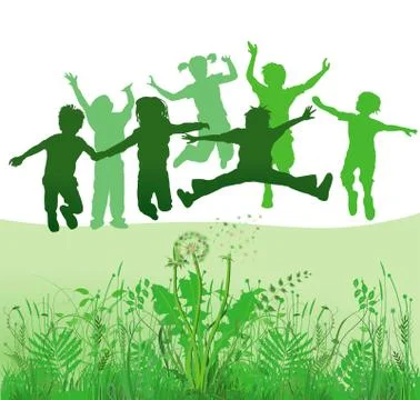 Children playing on a meadow Stock Illustration