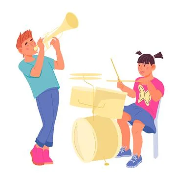Children playing Musical Instruments, flat vector illustration isolated. Stock Illustration