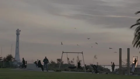 Children playing in park below Lighthouse Stock-Footage 255174120