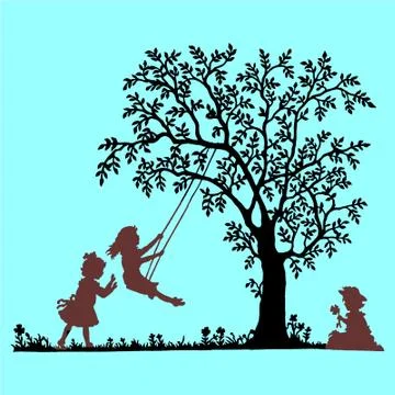 Children playing in the park with tree Stock Illustration
