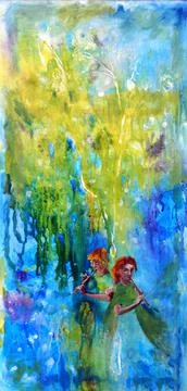 Children playing the pipe among the greenery, oil painting Stock Illustration