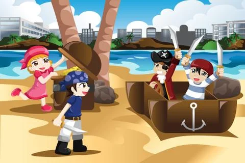 Children Playing as Pirates Stock Illustration
