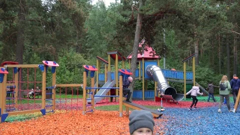 Children playing on the playground in a city pine park. Stock Footage 251636072