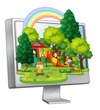 Children playing in the playground on computer screen Stock Illustration