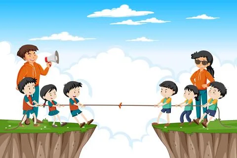Children playing pulling rope together Stock Illustration