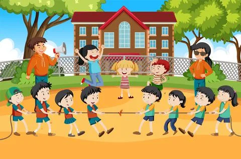 Children playing pulling rope together Stock Illustration