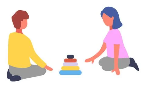 Children playing with pyramid toy vector flat illustration. Kids stack a pyramid Stock Illustration