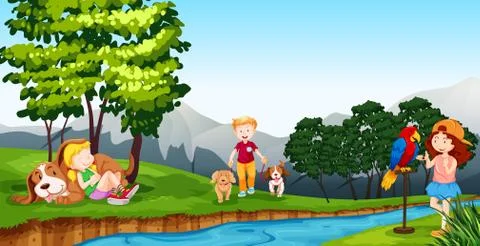 Children playing by the river Stock Illustration