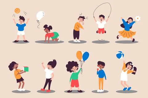 Children playing set in flat design. Boys and girls with balls, cube, balloon Stock Illustration