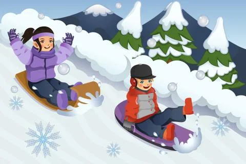 Children Playing Sledding Stock Illustration