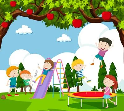 Children playing slide and bouncing on trampoline Stock Illustration