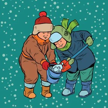 Children playing in the snow Stock Illustration