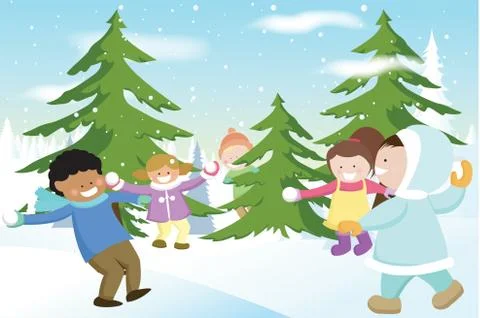 Children playing snowballs Stock Illustration