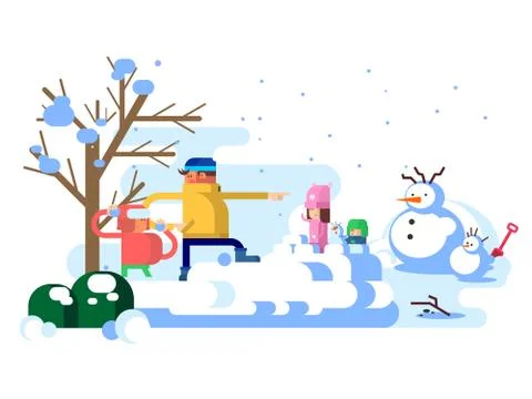 Children playing snowballs Stock Illustration