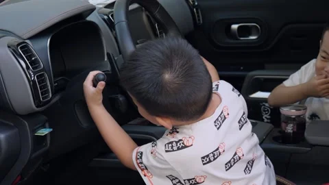 Children playing with the steering wheel in the cab of a Citroen car Stock Footage 221457440