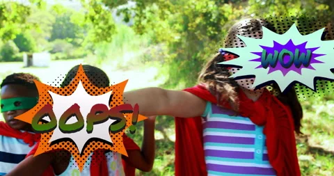 Children playing superheroes with OOPS! and WOW comic book animation over them Stock Footage 304021409