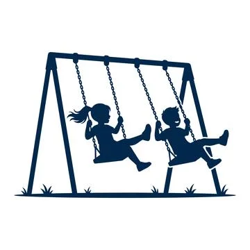 Children playing on swing set silhouette for park and happy childhood concept Stock Illustration