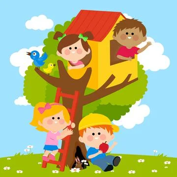 Children playing in a tree house. Vector illustration Stock Illustration