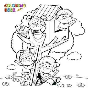 Children playing in a tree house. Vector black and white coloring page. Stock Illustration