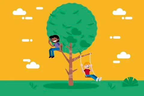 Children Playing in a Tree Stock Illustration