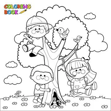 Children playing on a tree. Vector black and white coloring page. Stock Illustration