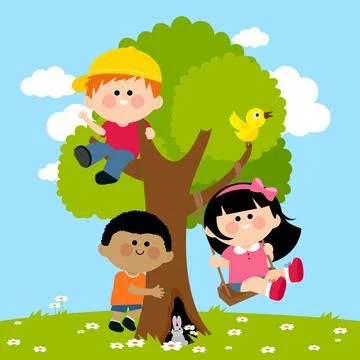 Children playing on a tree. Vector illustration Stock Illustration