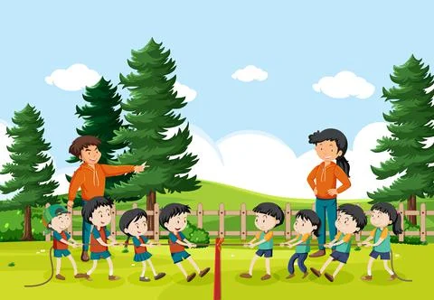 Children playing tug of war game Stock Illustration