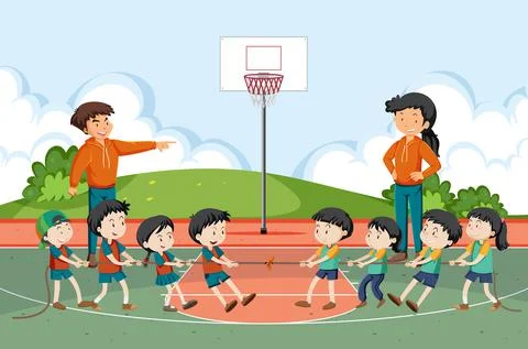 Children playing tug of war game Stock Illustration