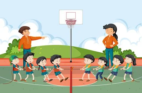 Children playing tug of war game Stock Illustration