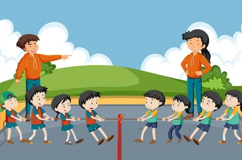 Children playing tug of war game Stock Illustration