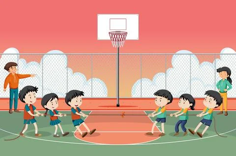 Children playing tug of war game Stock Illustration