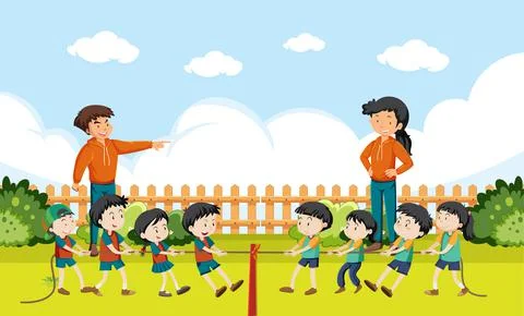 Children playing tug of war game Stock Illustration