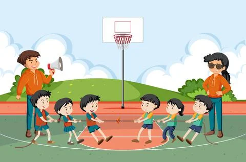 Children playing tug of war game Stock Illustration