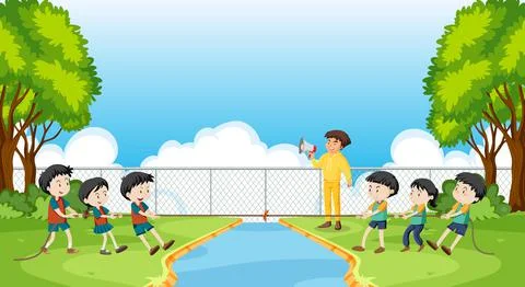 Children playing tug of war game Stock Illustration