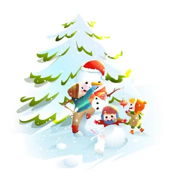Children Playing in Winter Together Making Snowman Stock Illustration