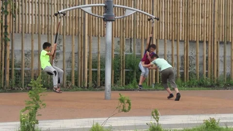Children plays on Swing at playground Stock Footage 217923220