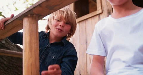 Children pointing fingers at camera while in a treehouse Stock Footage 61295688