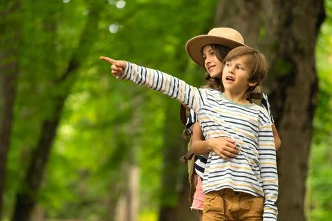 Children Pointing in Forest While Hugging 스톡 사진