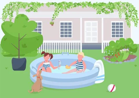 Children in pool flat color vector illustration Stock Illustration
