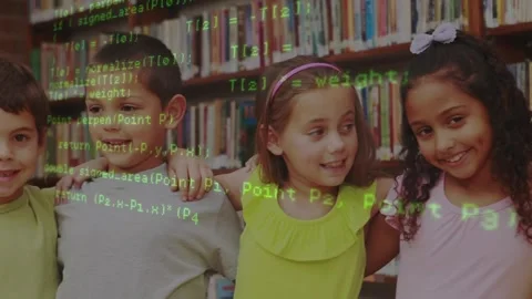 Children posing in education library, code overlay scrolling revealing faces on Stock Footage 320287894