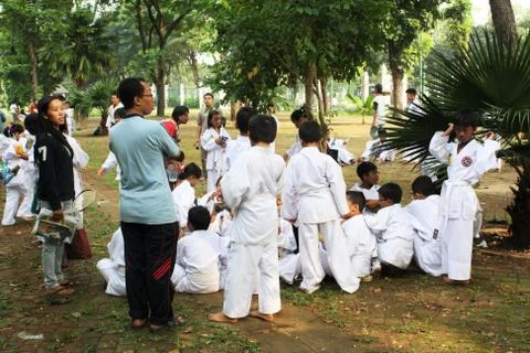 Children practicing karate Stock Photos