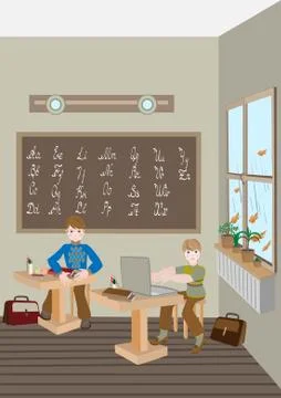 Children prepare lessons in school. Stock Illustration