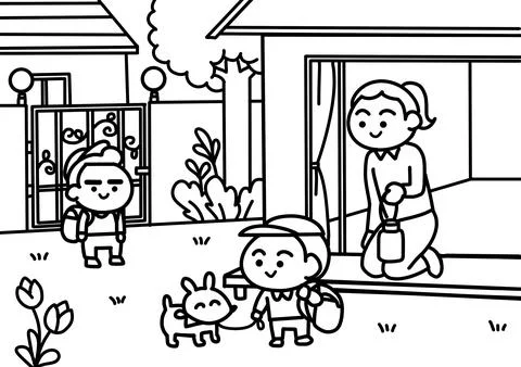 Children preparing to get out coloring pages style. Stock Illustration
