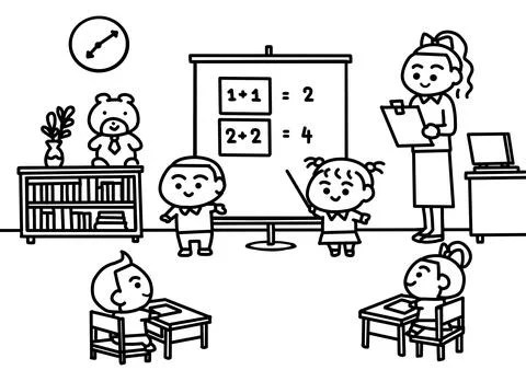 Children presenting worksheet at classroom coloring pages style. Stock Illustration