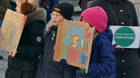 Children protest for climate changes as part of the Fridays school strike Stock Footage 127265791