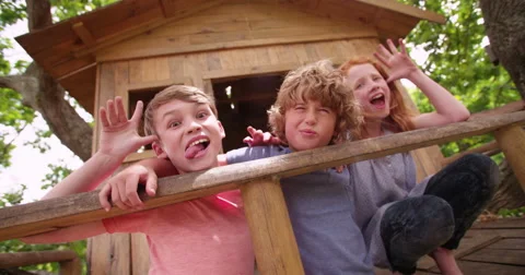 Children pulling silly faces at camera while in a treehouse Vídeos de archivo 61289071